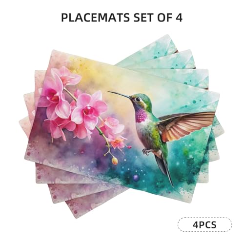 Watercolor Hummingbird Print Placemats Set of 4 12x18 Inch - color: Pink, size: Set of 4