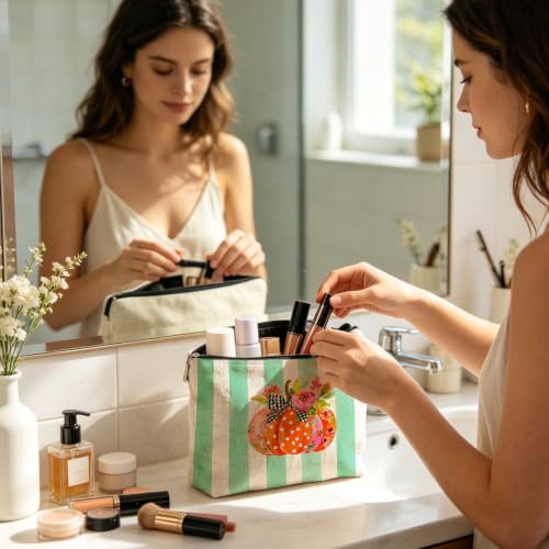Preppy Fall Pumpkin Linen Makeup Bag Gifts for Women - color: fall pumpkin