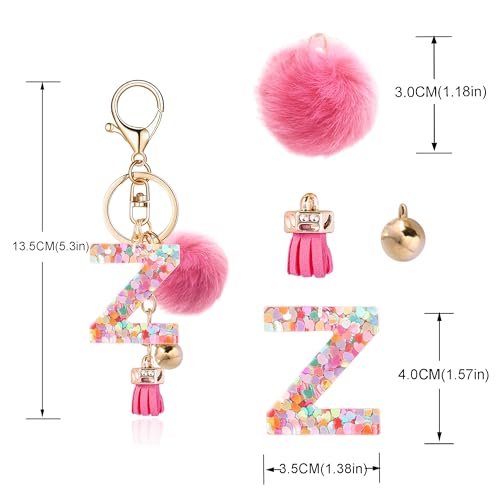 Resin Alphabet Initial Letter Keychain Keyring for Women Purse Handbags With Fur Ball Pom - color: Deep Pink Fur Ball Letter Z