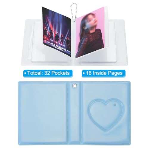 PATIKIL 3 Inch Mini Kpop Photocard Binder 2.5"x3.5" Album with 32 Pockets Small Bookshelf Love Heart Picture Holder Book for Collection, Blue - color: Blue