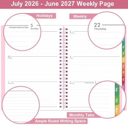 Planner 2026-2027 - 2026-2027 Planner Weekly and Monthly with Tabs, July 2026 - June 2027, 6.25" × 8.3", Strong Twin-Wire Binding - color: Pink