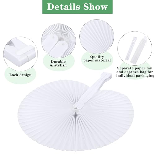 MCEAST 100 Pack Wedding Paper Fans Handheld Folding Fan White Round Shaped Folding Paper Fans Handheld Fan with Plastic Handle and Bags for Wedding Birthday Party Favors Supplies Home Decor