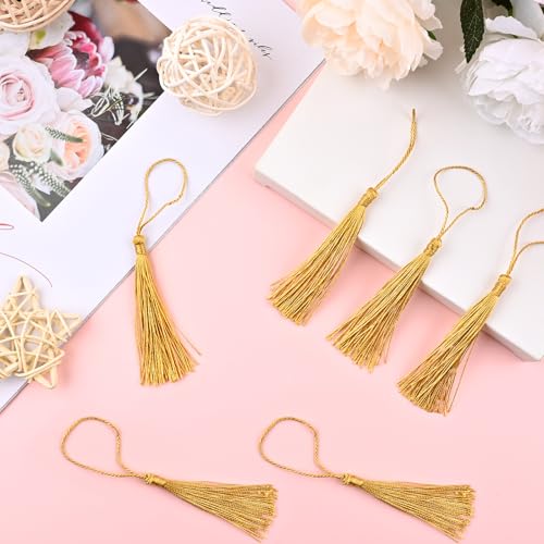 NACHLYNN 120 Pcs Bookmark Tassels Bulk 13cm/5 Inch Silky Handmade Soft Craft Mini Tassels for Jewelry Keychain Making with Loops for Dress Decoration DIY Craft Accessory (Gold) - color: Gold