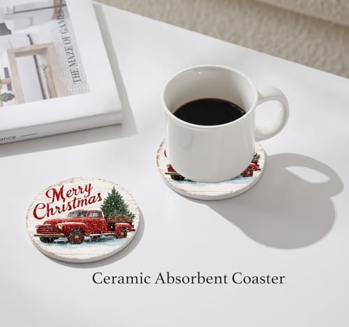 Nikyi 6 Pcs Vintage Red Truck and Christmas Tree Ceramic Absorbent Coasters, Round Drink Coaster with Metal Holder and Cork Base, for Coffee Table Kitchen Bedroom Living Office Desk Home Decor or Gift - color: Vintage Red Truck and Christmas Tree