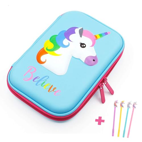 Surpop 3D EVA Unicorn Pencil Case for Girls with 4 Pens, Unicorn1 Blue - color: Unicorn1 blue