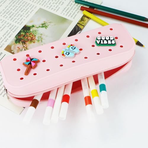 Cute Silicone Pen Case Pen Pouch with DIY Holes and 3 Decoratives(Random) Travel Makeup Brush Bag suitable for travel home7.81inch (Pale Pink,2 Packs) - color: Pale Pink,2 Packs