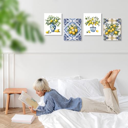 LUKIPOM Chinoiserie Lemon Summer Wall Art Posters Set of 4 Unframed - color: Color 015