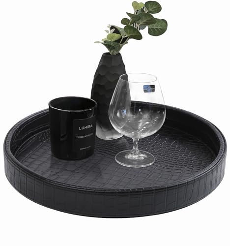 HofferRuffer Faux Leather Round Serving Tray, Vegan Croco Leather Decorative Tray, Food Tray for Storage Drinks, Snack & Cosmetics, Dia.12'' x 1.6'' (Black) - color: Black, size: 12"