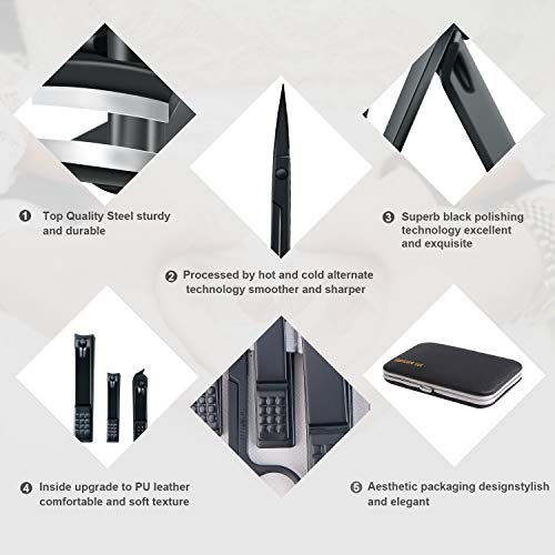 Manicure Set, Travel Mini Nail Clippers Kit Pedicure Care Tools, 10pcs Stainless Steel Grooming kit (Black) - color: Black