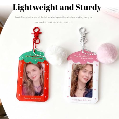 Strawberry Photocard Holder Keychain - Acrylic Photo Protector with Clear Protective Sleeves, Portable Badge Cover for Bus Card, Student ID (Red) - color: Red
