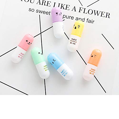 VANVENE 6 Pcs/Set Mini Pill Shaped Highlighter Pens for Writing Cute Face Graffiti Marker Pen Korean Stationery School Office Supplies