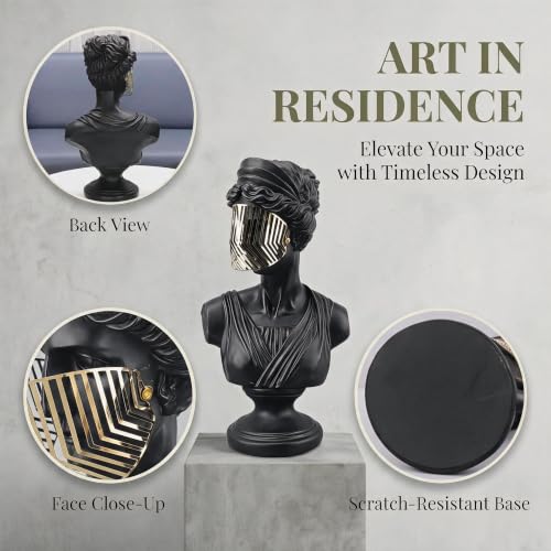 15" Large Bust Statue with Gold Mask, Black Resin Classical Greek Sculpture Home Decor, Modern Lightweight Durable Art Piece for Living Room Table Shelf Office Gift - color: Black