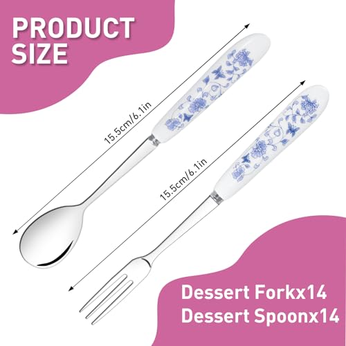 28 Pcs Dessert Forks and Spoons Silverware Set with Ceramic Handle