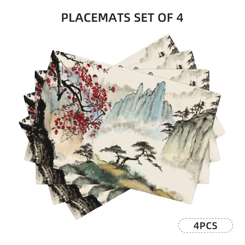 Watercolor Red Plum Trees Placemats Farmhouse Set of 4 12x18 Inch - color: Watercolor Red, size: Set of 4