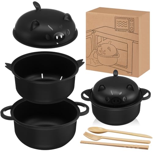 1 Set Large 45oz Cute Pig Ramen Bowl Set Microwavable Cooker, Black - color: Black