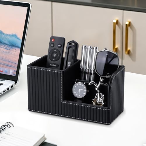 KINGFOM Desk Pen Organizer Office Supplies Caddy Pu Leather Multi-function Storage Box Pen/Pencil,Cell phone, Business Name Cards Remote Control Holder (Black) - color: Black