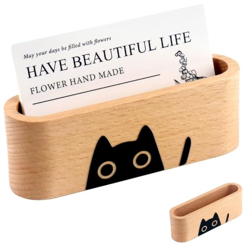 Wood Cat Business Card Holder for Desk,Wooden Name Card Holder - color: Beech Wood with Cat Pattern