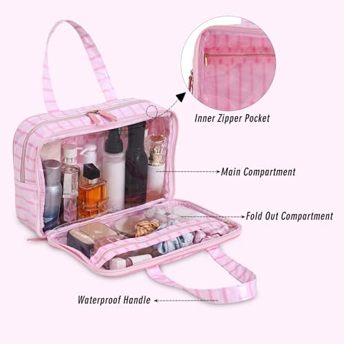 Toiletry Bag for Women, Pink Stripe - color: Pink Stripe