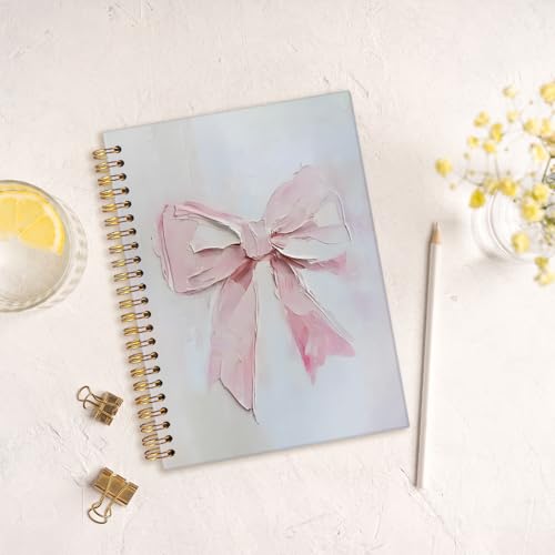 MOFUYU Pink Bows Notebook for Women,Coquette Pink Bow Spiral Notebook - color: white(Pink)
