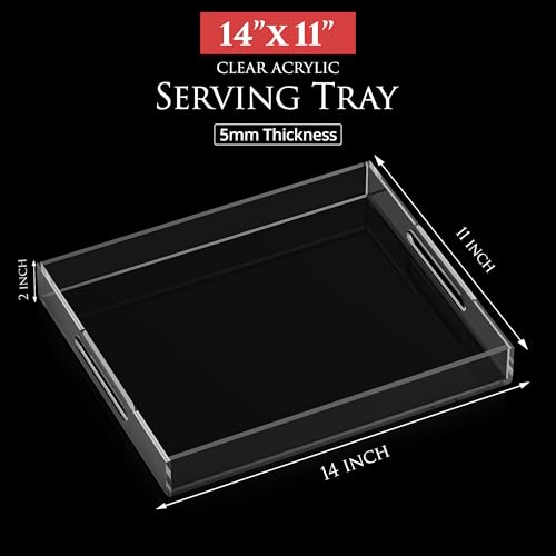 Acrylic Tray 14x11 with Cut Handles - Spill Proof Decorative Tray is an Ideal Countertop Organizer for Living Rooms, Ottoman Coffee Tables, Offices, Kitchens & Serving Guests - color: Transparent, size: 14" x 11" x 2"