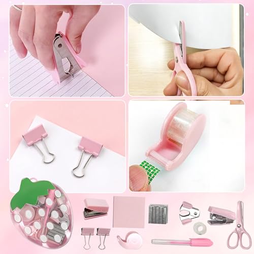 Strawberry Mini Office Supply Kit, Pink, with Stapler, Tape Dispenser, Scissors, Hole Punch, Binder Clips, Sticky Notes and Staples