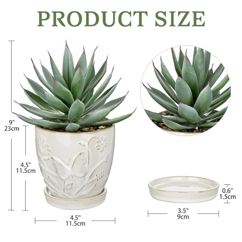 Briful Artificial Succulent Plant in White Ceramic Planter with Saucer, Small Fake Agave Plant, Faux Plant Indoor for Desk, Bathroom, Shelf, Office, Farmhouse Home Decor, 9 Inch - color: White#207