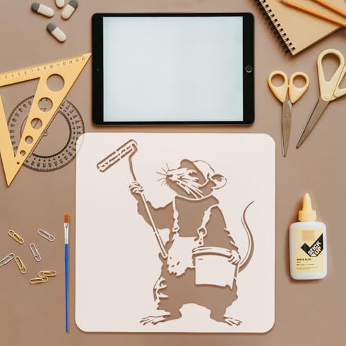 FINGERINSPIRE Banksy Mouse Stencil for Painting with Brush 11.8x11.8inch Reusable Mouse Holding Paint Roller Template Hollowed Rat Carrying Paint Bucket Stencil Plastic PET Banksy Theme Template - style: Banksy Mouse