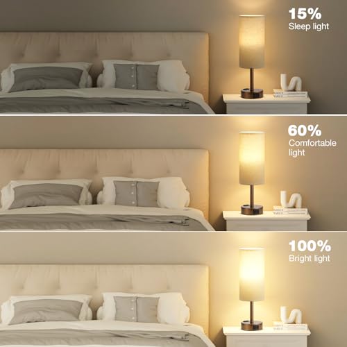 Fenmzee Brown Bedside Lamp for Bedroom, Dimmable Touch, USB A+C, AC Outlet - color: Beige - Brown, size: 14"