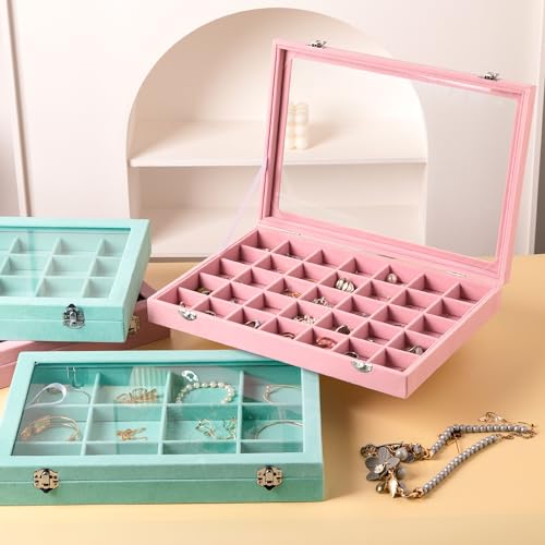 Frebeauty 24 Grid Earring Organizer,Velvet Jewelry Tray with Clear Lid - color: Pink, size: 24 Grid