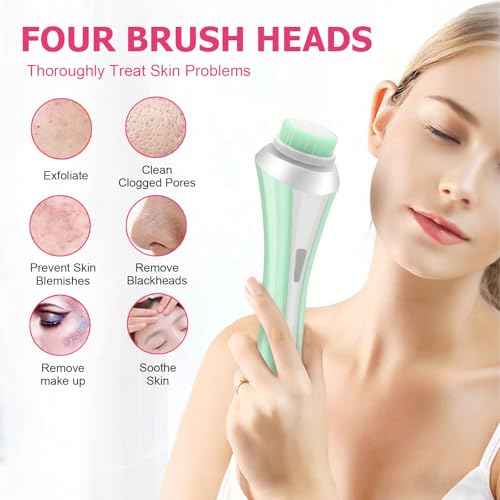 Facial Cleansing Brush, Electric Face Scrubber with 4 Brush Heads, Rechargeable USB Charging Dock, IPX4 Waterproof, 8000 RPM Dual Speed, Deep Cleansing & Exfoliation for All Skin Types (Green) - color: Green