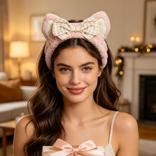 PERFECTSIGHT Kawaii Headband for Spa, Makeup, Washing Face, Party - 2 Pack Cute Cat Ear Hair Band for Shower Beauty Skincare, Soft Facial Headbands for Girls and Women (White+Pink Bow) - color: White+Pink Bow