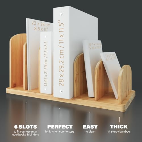 Cook Book Organizer, 6 Sections, Recipe Book Holder Rack, Tabletop Stand for Convenient Cookbook Storage, Vertical Cook Book Stand Kitchen, Binder Holder for Desk & Countertop (Bamboo) - color: Bamboo, size: 6 Sections