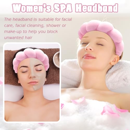 Zkptops Spa Headband for Washing Face Wristband Set Sponge Makeup Skincare Headband Terry Cloth Bubble Soft Get Ready Hairband Women Girl Puffy Padded Headwear Non Slip Thick Hair Accessory(Pink-2) - color: ZC Pink-2