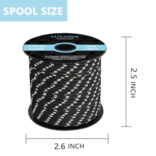 Paracord 240lb - Diameter 2mm Micro Utility Cord -3 Strand Parachute Spool Cord - 100ft 200ft,Paracord for Camping,Hiking,Fishing,Outdoor and DIY - color: Black White Camo, size: 100 ft