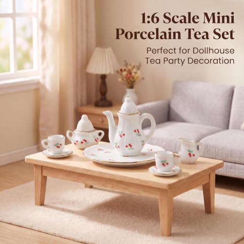 Miniature Tea Set 1/6 Scale Dollhouse Accessories Porcelain Cherry Pattern - color: Cherry
