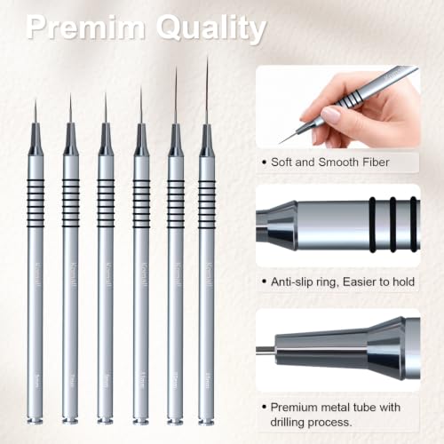 Komall Metallic Nail Art Brushes, 6Pcs Non-slip Liner Brushes Set, Silver - color: Silver