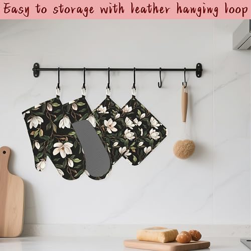 White Magnolia Oven Mitts and Pot Holders (4PCS),Heat Resistant Non-Slip Silicone Kitchen Gloves for Cooking, Baking, BBQ Waterproof Kitchen Accessories - color: White Magnolia