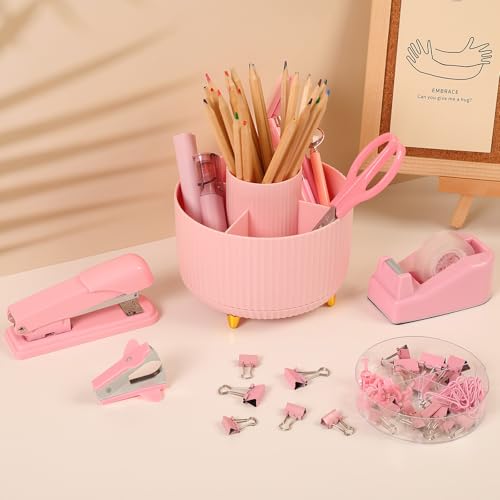SKYDUE Pink Desk Accessories 11Pcs with Rotating Pen Holder for Desk - color: Pink