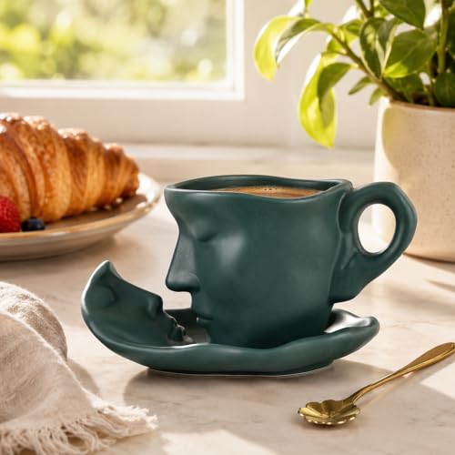 oliruim Green Coffee Cup and Saucer Set - Ceramic Unique Kissing 8.5 oz Coffee Mug Set with Spoon, Face Coffee Cup and Saucer for Valentine, Wedding, Anniversary Decor (Green) - color: Green