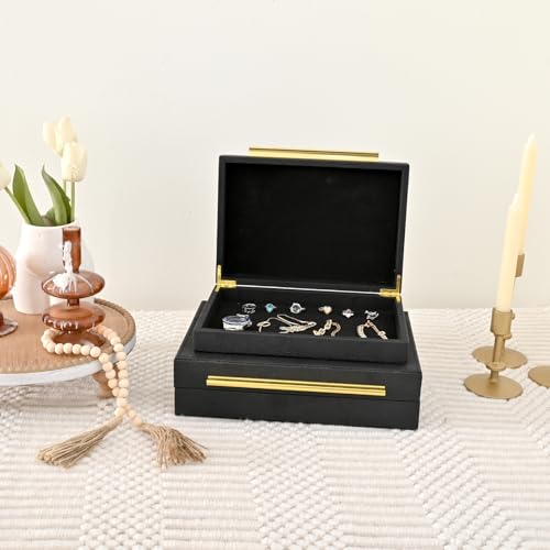 DECOR4SEASON Faux Shagreen Leather Jewelry Boxes Set of 2 with Gold Handles - color: Black, size: M