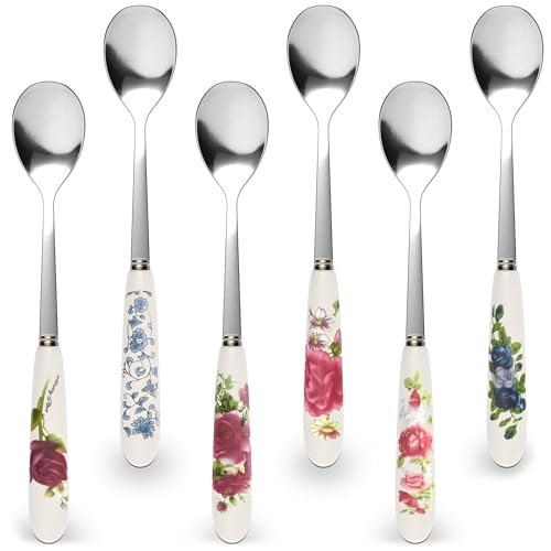 6 Pcs Coffee Spoons Set, 6.1", Floral Ceramic Handle and Stainless Steel - color: 6 Pcs Floral Ceramic Handle Spoons Set