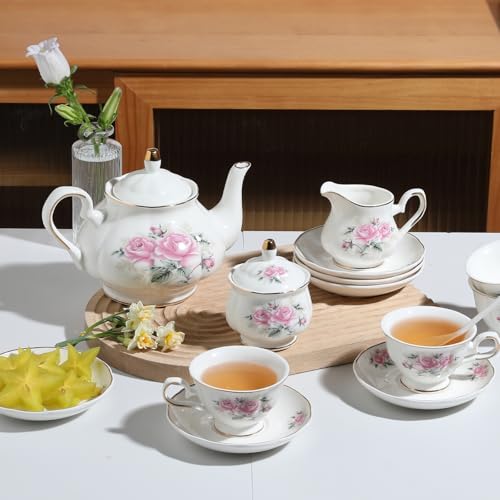 Sweejar Porcelain Tea Set Vintage Floral, British Relief Gold Rim Teapot Cup and Saucer Sets, 22-Piece Tea Sets for Adults, with Teapot, Sugar Bowl, Milk Jug, Spoons, Cup and Saucer (Pink Flower) - color: Pink Flower