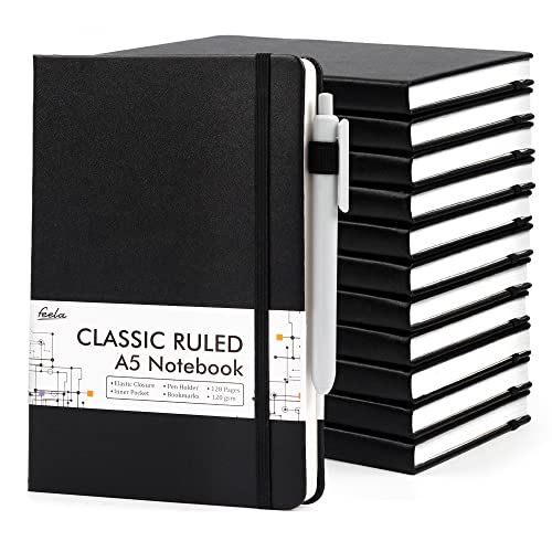 12 Pack Notebooks Journals Bulk with 12 Black Pens, Feela A5 Hardcover Notebook Classic Ruled Journal Set with Pen Holder for School Business Work Travel Writing, 120 GSM, 5.1”x8.3”, Black - color: 12 Pack black