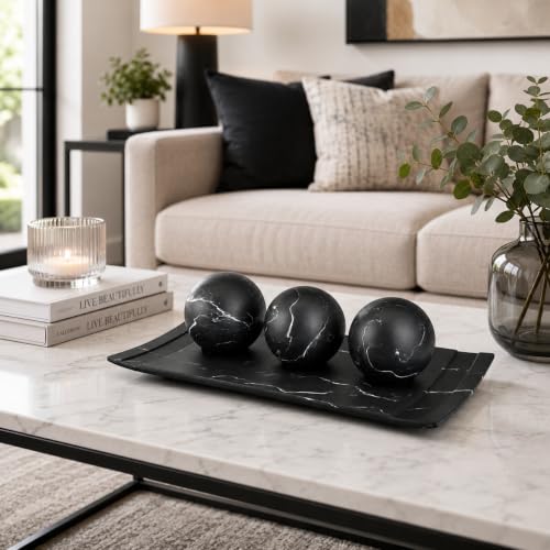 Creative Scents Black Marble Look Home Decor Bowl and Orb Set - Coffee Table Decor for Living Room - Centerpiece Table Decorations for Dining Table, Kitchen Counter, Foyer - Elegant House Decoration - color: Matte Black Marble Look