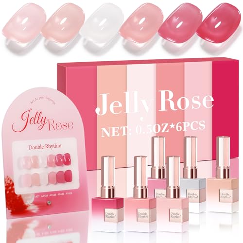 Double Rhythm 6 Pcs 15 ML Gel Polish Set Same Color Same Bottle Soak Off Gel Polish Kit Nail Art Manicure Salon DIY at Home for Women (Milky White Jelly Pink Nude Peach-T6-24) - color: Jelly Rose