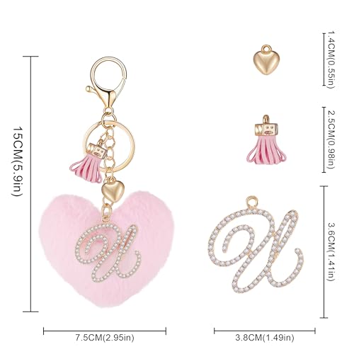 Initial Letter Heart Pom Pom Keychain for Women Pink Soft Fluffy Ball Key Ring for Purse Backpack Handbag - color: U