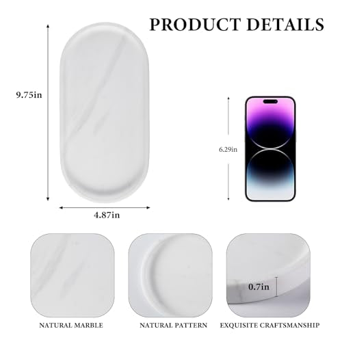 Koville White Marble Oval Tray for Bathroom Countertop, 10" x 5" Natural Marble Vanity Trays, Stone Perfume Organizer Tray for Decor, Jewelry Dish Perfume Trays for Dresser - color: Volakas White