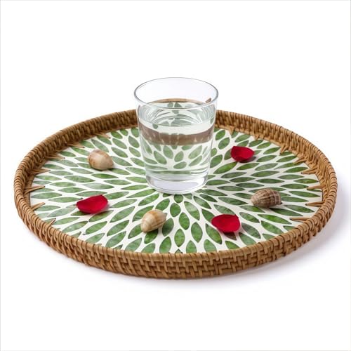 13.8" Round Mother of Pearl Inlay Rattan Green Leaves Design Serving Tray - color: Green Leaves
