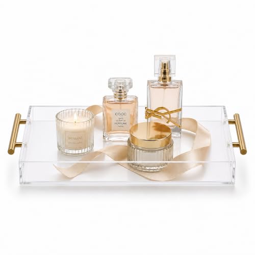 Clear Acrylic Tray 20x12” with Golden Metal Handles - Large Plastic Tray for Serving Guests, Countertop Organization, Ottoman Coffee Table & Vanity – Modern Decorative Tray for Home & Office - color: Golden Handles - Transparent, size: 20" x 12" x 2"