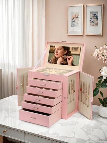 BOOVO Large Jewelry Box for Women 6 Layer - color: Silver and Pink, size: 6 Layer